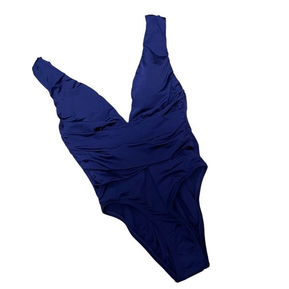 Trina Turk Plunge Wrap Front One Piece Swimsuit Blue Size 4 NWT - Picture 2 of 6
